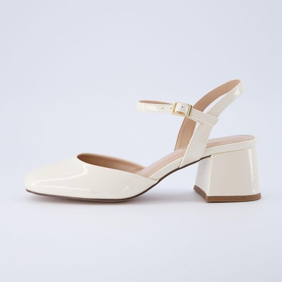 Cushionaire Women's Cream Patent Memory Foam Wide Dancer Round Toe Block Heel - Picture 2 of 6